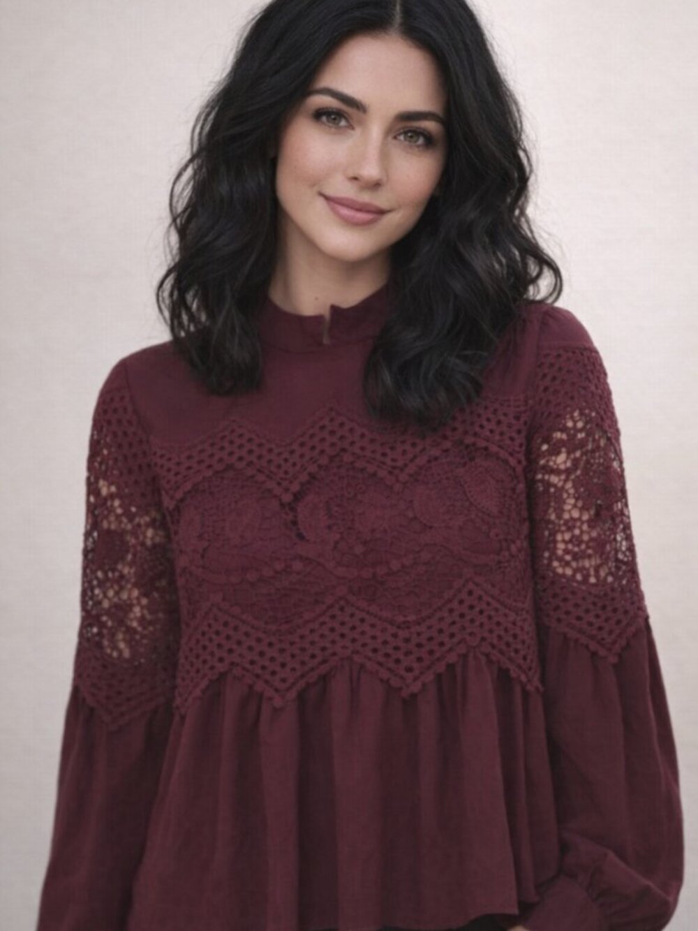 Onetheland Burgundy Blouse w crochet detailing Boho Chic Size Med